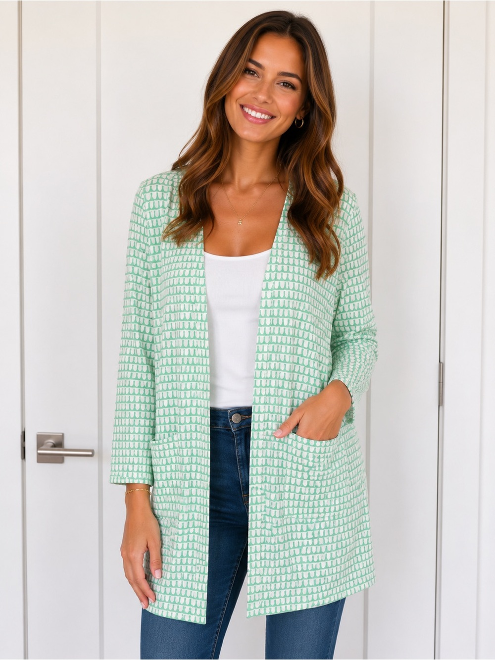 EUC Luluroe Green & White Patterned Open Front Long Cardigan: Size Medium